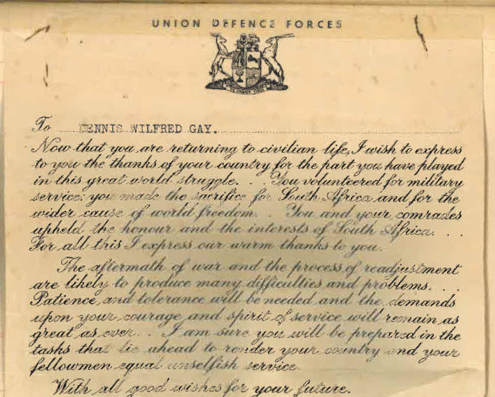 Lt D.W. Gay's War Effort - Demobilisation Message - English 