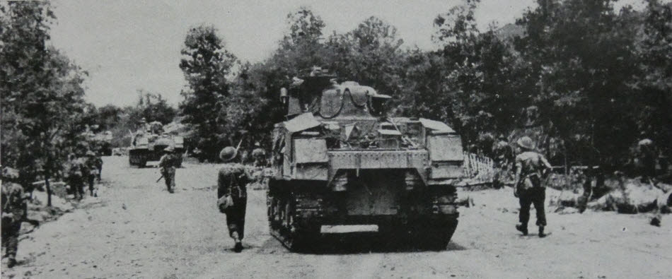 West Yorkshire Regiment along M3 Lee tanks, Imphal-Kohima Road 
